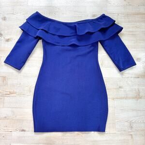 Valiant Paris Off Shoulder Mini Bodycon Dress | Blue Size Large